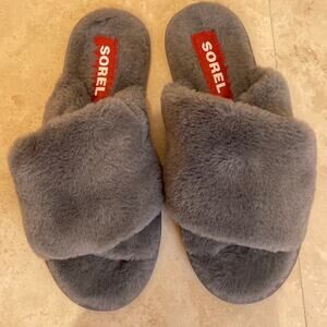Sorel Go Mail Run Slippers Women’s 8 Gray Faux Fur Slide House Shoes Excellent